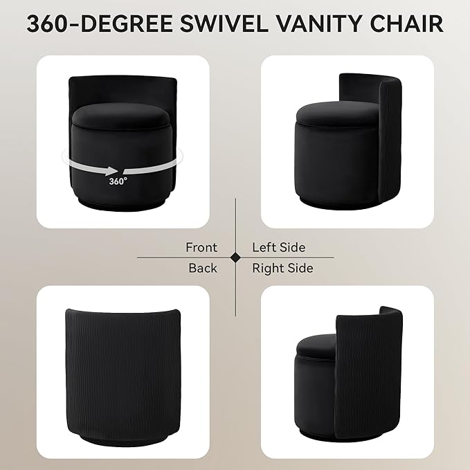 Velvet Vanity Chair with Storage, 360° Swivel Makeup Chair with Wave Back, No Assembly Small Accent Stool for Bedroom, Dressing, Living Room, Black
