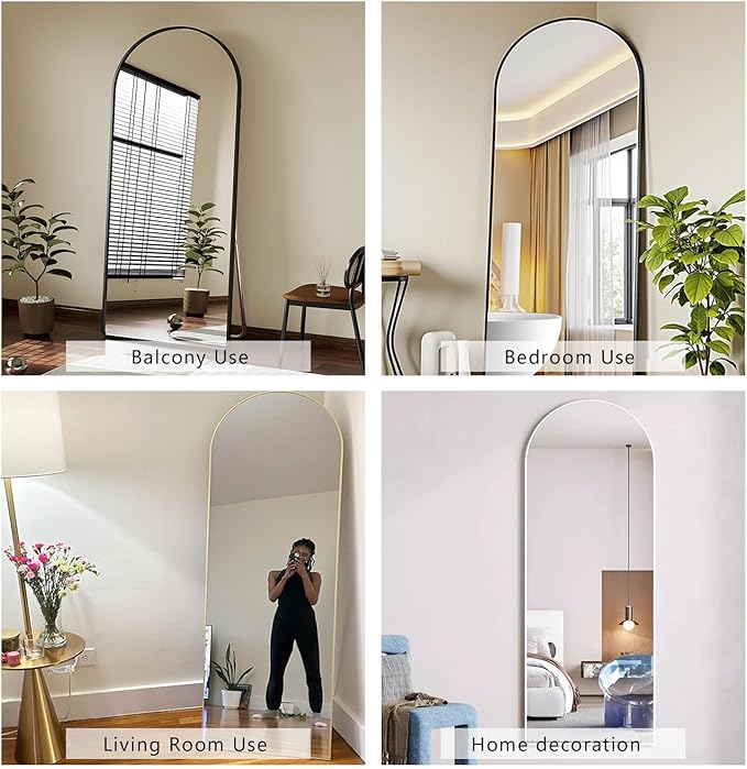 Degfig Arched Full Length Mirror, 64"X20" Floor Length Mirror with Aluminum Alloy Frame, Full Body Mirrors with Stand, Hanging or Leaning Mirrors for Living Room, Bedroom, Black