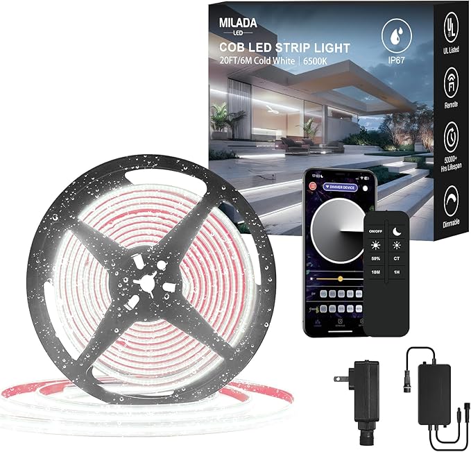 IP67 COB LED Strip Light 20FT/6M Outdoor Led Strip Lights Waterproof 6500K CRI90+ Flexible 24V Remote & App Control Dimmable Water Proof Led Light Strips for Kitchen Terraces Patio Garden