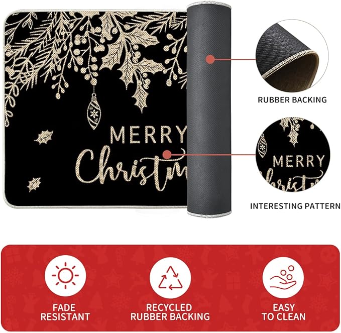 Artoid Mode Black Holly Pine Branches Merry Christmas Kitchen Mats Set of 2, Winter Decor Low-Profile Kitchen Rugs for Floor - 24x35 and 24x59 Inch