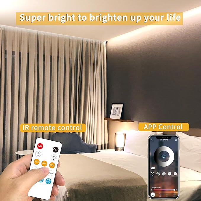 COB LED Strip Lights 3000K 65.6ft DC 24V Dimmable White Flexible LED Tape Light for Bedroom, with Remote and app Control LED Tape Lights CRI90+,forLiving Room, Shelf, Cabinet Home Decoration