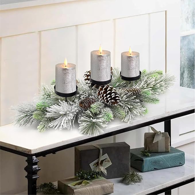 Christmas Table Centerpieces Decorations, 27.5 Inch Designed with Flocked Pine Needles, Frosted Pine Cones for Dining Table Mantel (Snowy)
