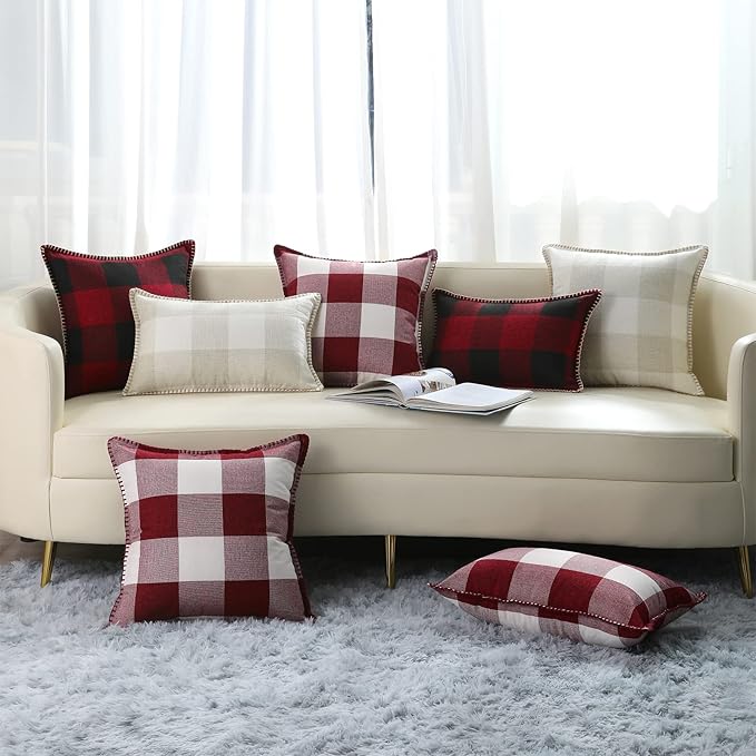 decorUhome Christmas Buffalo Plaid Check Throw Pillow Covers 20x20 Set of 2, Farmhouse Gingham Linen Decorative Pillow Covers with Stitched Edge for Bed Couch Sofa, Red and Black