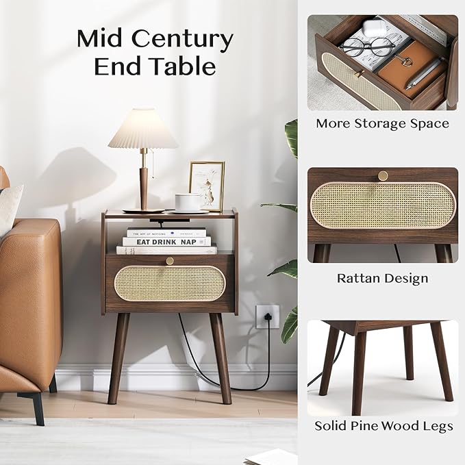 Nightstand Set of 2, Rattan Night Stands with Charging Station, Mid Century Modern Bedside Table with Drawer, Boho Dark Brown End Table with Storage, Wood Side Table for Bedroom, Dark Walnut
