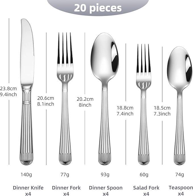 20-Piece 18/10 High End Flatware for 4, Forged Silverware Set, Thick Handle Heavy Duty, Striped Handle Design, Dishwasher Safe