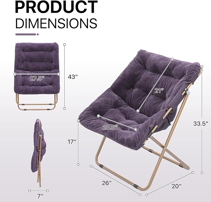 Athena Collection Saucer Chair for Adult, Square Comfy Cozy Chair Folding Chair Faux Fur Metal Frame Foldable Reading Chair Accent Chair for Bed Room Living Room Set of 2, Purple
