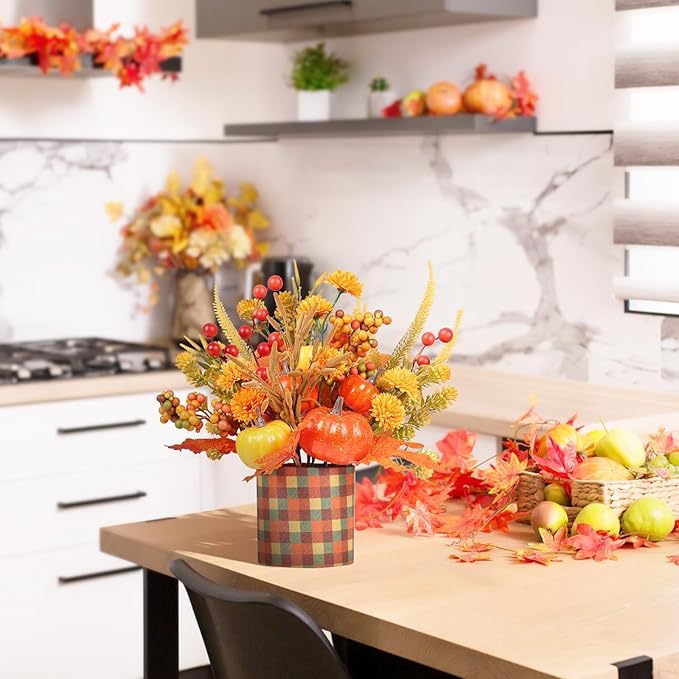 Super Holiday Fall Decor, 12" Artificial Orange Pumpkin Berry Maple Tree Halloween Thanksgiving Table Centerpieces Decorations, for Home Farmhouse Autumn Harvest Holiday Party Decor.