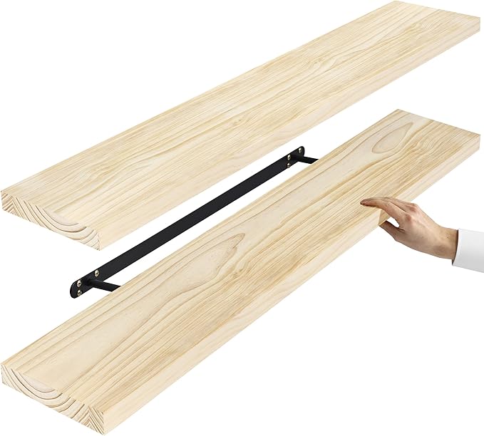 Sorbus Wood Floating Shelves for Wall - 35” Solid Wood Shelves for Bathroom Decor, Books, Bedroom & Living Room - Set of 2 Natural Wall Mounted Kitchen Shelves - Durable Solid Pine