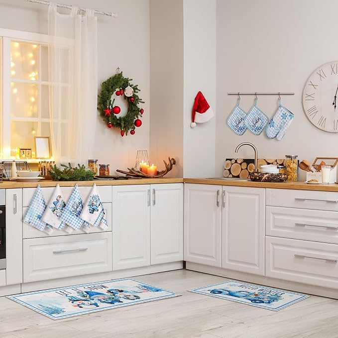 10 Pcs Christmas Kitchen Decor Set Kitchen Towels and Rugs Oven Mitts Pot Holders Absorbent Towels for Baking Cooking BBQ Gifts Home Decor(Blue,Snowflake)