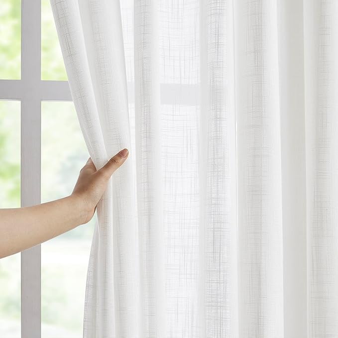 Treatmentex Semi-Sheer White Curtains for Living Room Bedroom Rich Linen Textured Privacy Window Curtain Draperies for Home Office 54”w x63”L 2 Panels Rod Pocket