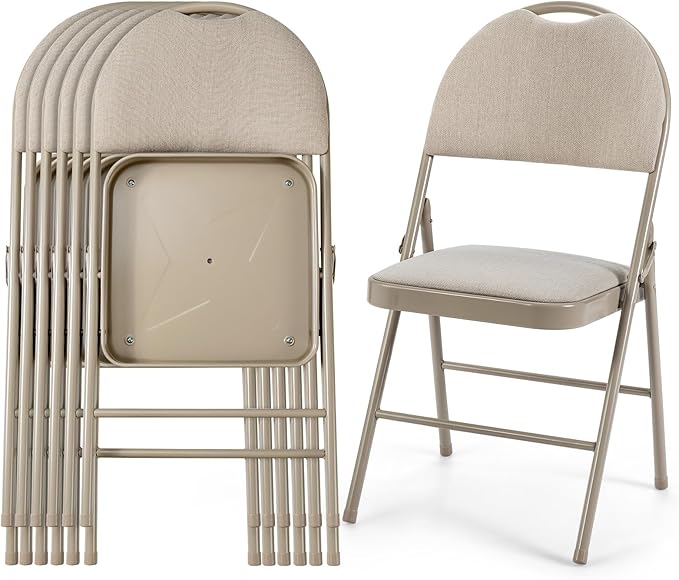 POWERSTONE Folding Chairs 6 Pack, Foldable Chair Set with Padded, Handle Hole and Metal Frame Dining Chair Set for Indoor and Outdoor, School, Office and Garden Party (Beige)