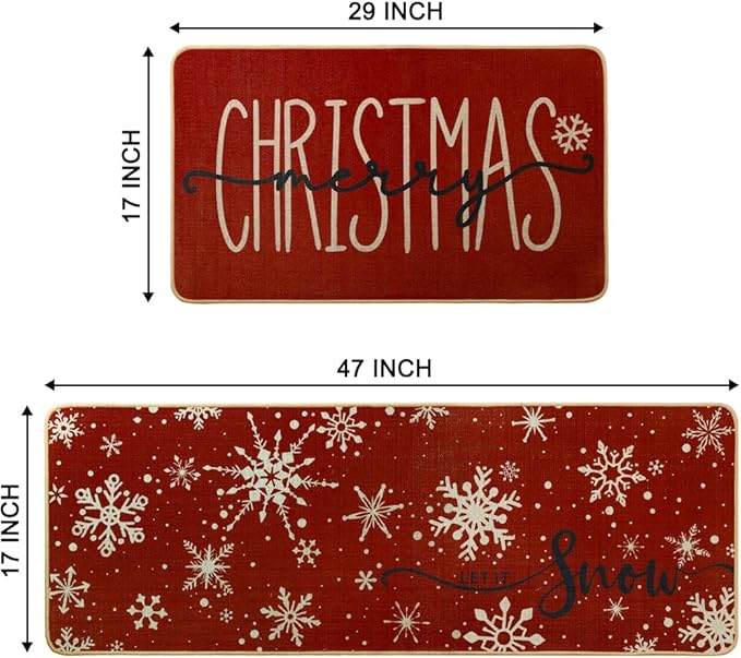 Snowflake Christmas Kitchen Mats Set of 2, Red Merry Christmas Let It Snow Winter Holiday Home Decor Kitchen Rugs for Floor 17x29 and 17x47 Inch