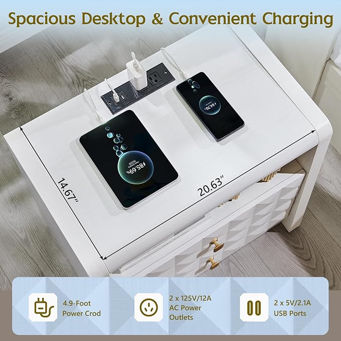 Modern Night Stand Set 2, 23.62" Wide Wood Side Table w/2 Storage Drawers &Open Shelf &Charging Station, Mid Century Modern Bedside w/Diamond Panel Decorate for Bedroom, Curved Profile Design, White