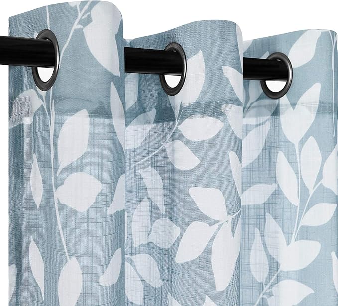 Blue White Curtains for Studio Living Room 54" Length Leaves Print Semi-Sheer Curtain Panels for Kitchen Window, Grommet Top, 2 Pack