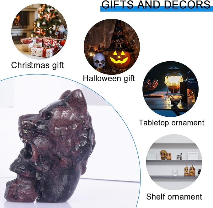 2.17 Inch Crystal Skull with Wolf Head Figurine Decor, Garnet Skull with Wolf Head Statue Decor for Home Office Desk, Hand Carved Healing Crystal Animal Statues Gifts for Women Men