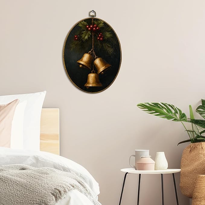QZQE Vintage Christmas Bells Oval Wall Art Decor Framed, Dark Moody Christmas Oval Canvas Prints, Winter Holiday Xmas Bell Wall Hanging Decor for Home Bedroom Living Room, 8.6x11.4 Inch