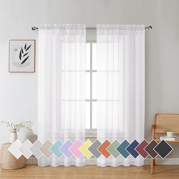 Aiyufeng Sheer Voile Window Treatment Rod Pocket Curtain Panels for Kitchen Bedroom Living Room Drapes Sunlight Filtering Privacy Semi Home Decor Assorted Colors Sizes (White, 40 W x 72 L)