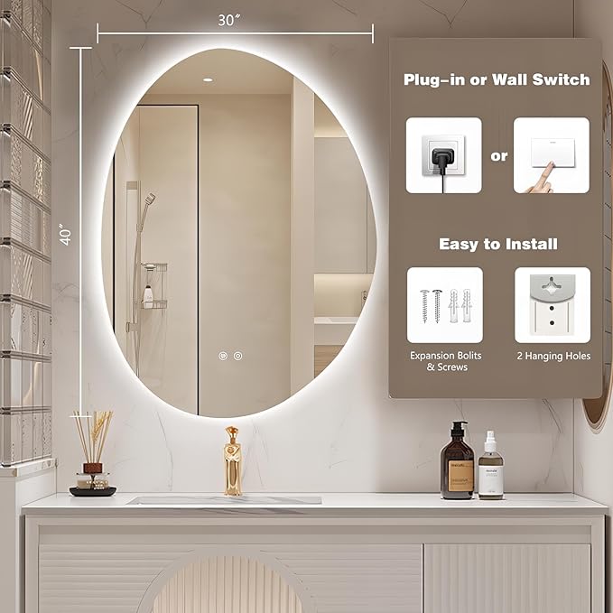 Niccy Irregular LED Bathroom Mirror, 30"x40" Asymmetrical Backlit Vanity Wall Mirrors, Frameless Lighted Mirrors for Bedroom, Living Room, Modern Smart-Mirror with Anti-Fog, Dimmable, Memory Function