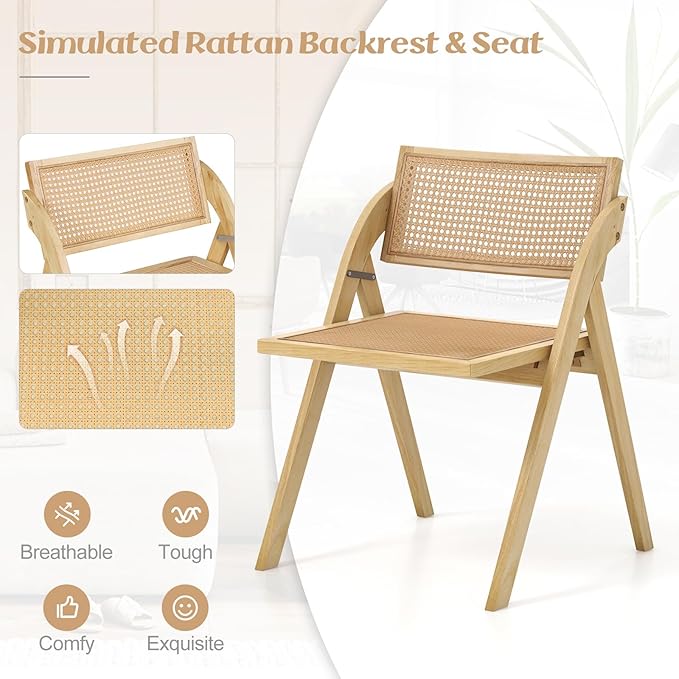 Giantex Folding Dining Chairs Set of 4, Wooden Folding Chair with Rattan Backrest & Seat, Sturdy Rubber Wood Frame, Armless Accent Chairs for Living Room, Kitchen Wedding Party, No Assembly, Natural
