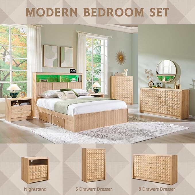 Modern Night Stand Set 2, 23.62" Wide Wood Side Table w/2 Storage Drawers &Open Shelf &Charging Station, Mid Century Modern Bedside w/Diamond Panel Decorate for Bedroom, Curved Profile Design, Natural