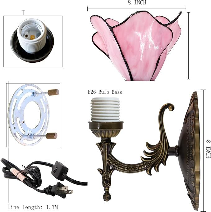 Tiffany Wall Sconce Lamp Blue Stained Glass Flower Style 8X10.5X11 Inch Plug in Wall Bedside Light for Hallway Bedroom (Pink Flower Style)