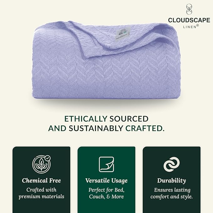 Cloud Scape Linen Herringbone Cotton Throw Blanket for Couch, Bed,Sofa, Home Decor, Soft, Lightweight, All-Season Bed Blanket, 50 x 70, Lavender Blue