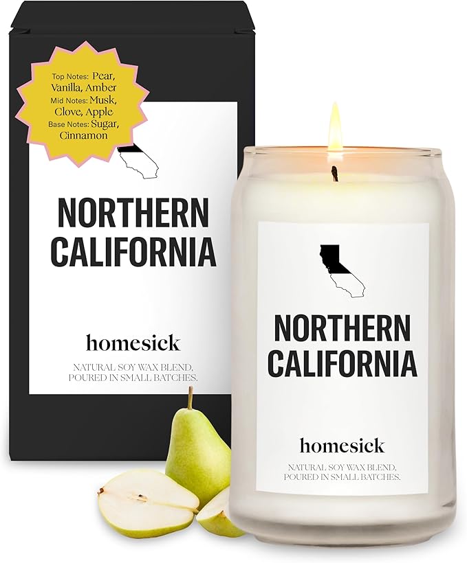 Homesick Scented Candles for Home (California Norcal) - 13.75 oz Long-Lasting Soy Wax Jar Candle for Women & Men for All Occasions, 60-80 Hours Burn Time - Notes of Pear, Vanilla & Amber