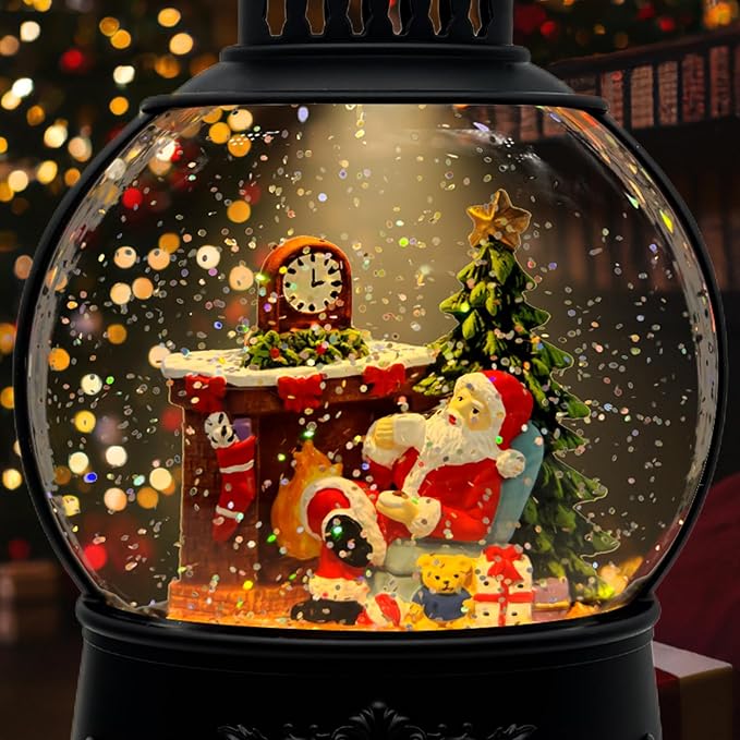 Christmas Snow Globe Lantern with Music & Timer - USB/Battery Operated LED Glittering Globe, Snow Globe Decor for Home Holiday (Santa Claus)