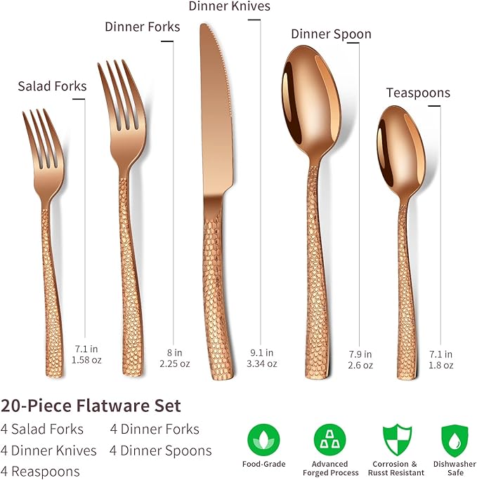 20-Piece Rose Gold Hammered Stainless Steel Flatware Set for 4, Including Fork, Knife, Spoon Set, Home Kitchen Cutlery Sets, Dishwasher Safe