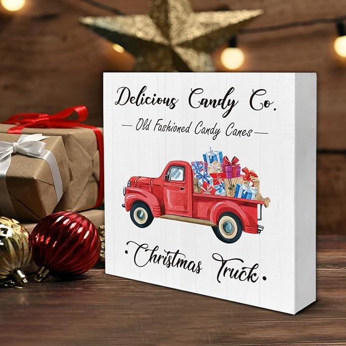 Rustic Christmas Decorations, Red Christmas Truck Wooden Sign Decor, Farmhouse Christmas Wooden Block Sign, Indoor Christmas Decor for Table Shelf 5 x 5 Inch