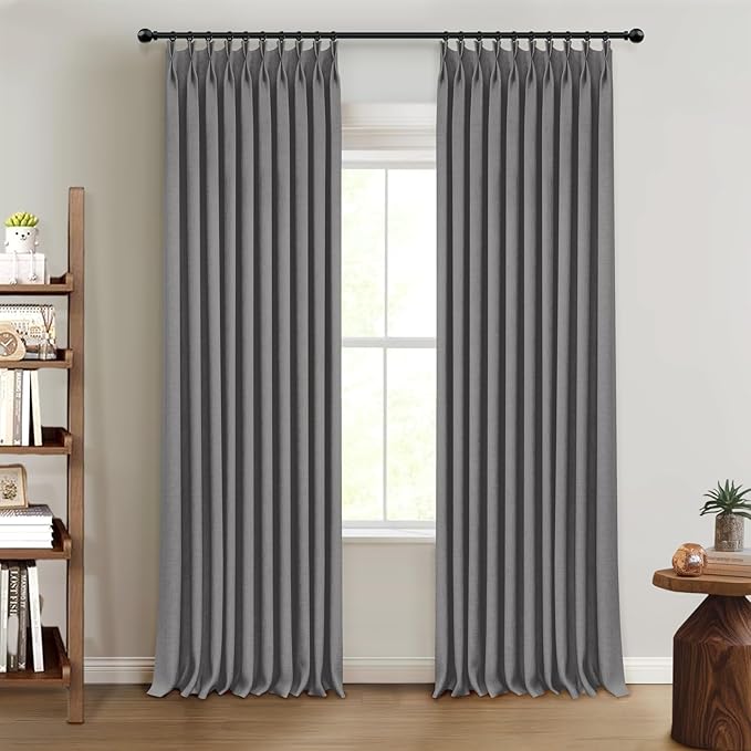 100% Blackout Shield Linen Look Textured Pinch Pleated Curtains Blackout Drapes 90 Inch Long 2 Panels Set, Faux Linen Blackout Curtains for Bedroom & Living Room, 40" W x 90" L, Dark Grey