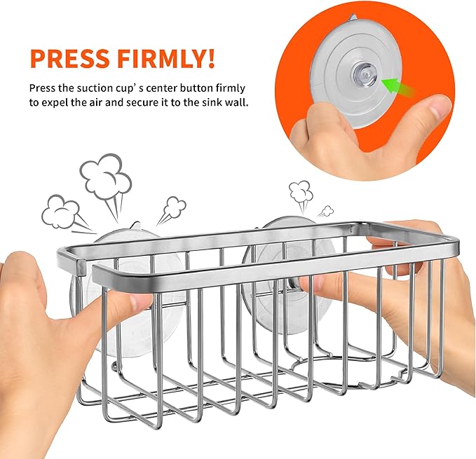SunnyPoint NeverRust Deluxe Kitchen & Bathroom Sink Sponge Holder Organizer with Adhesive Mount - Additional Suction Cup Included – Sponge & Brush NOT Included – 7.4 x 3.3 x 2.75 Inch