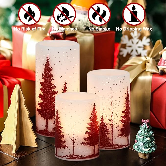 DRomance Christmas Tree Flameless Flickering Candles Battery Operated with 6H Timer, 3 Pack Real Wax Warm Light LED Pillar Candles Dinner Tabletop Holiday Centerpiece Decor 3" x 6"