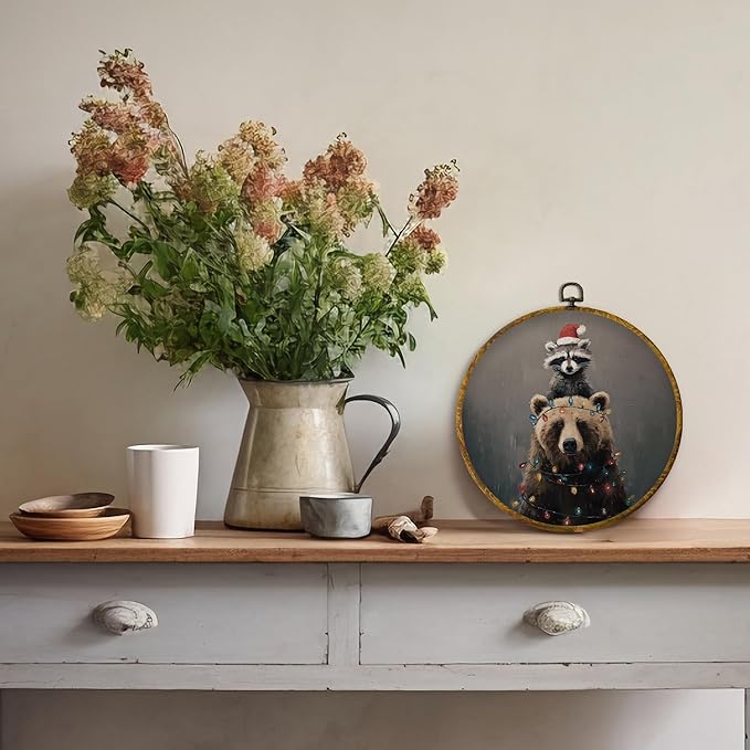 QZQE Christmas Raccoon Bear Round Wall Art Decor Framed, Christmas Holiday Circle Canvas Prints, Rustic Winter Xmas Animals Circular Wall Hanging Decor for Home Bedroom Nursery Room, 10x10 Inch