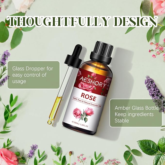 Rose Essential Oils 3.38FL.OZ - Aromatherapy Essential Oils for Diffusers for Home, Rose Scented Oils for Massage, Soap Candle Making Scents - 100ML