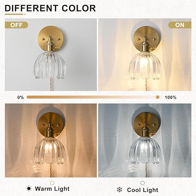 Plug in Wall Sconce, Vintage Sconce Light with Tulip Transparent Glass Lampshade, 180° Adjustable Wall Sconce with Switch and Plug in Wall Lamp Cord, Gold Wall Light for Bedroom Bedside