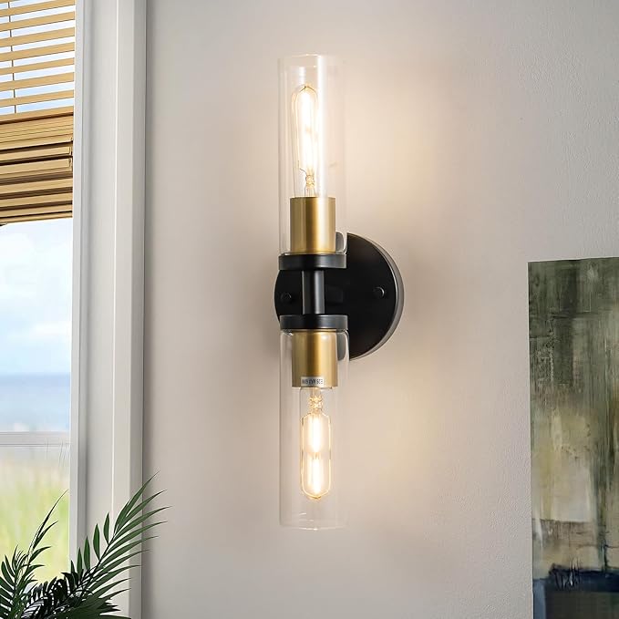 KSRYSZCQ Wall Sconces Set of 2 Black and Gold Bathroom Sconce Modern Vanity Light Fixture with Clear Glass Sconces Wall Decor Set of 2 for Living Room Mirror Bedroom Hallway Stair