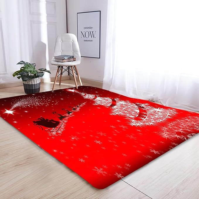 kxry Area Rugs 6X9 Feet, Merry Christmas Soft Machine Washable Area Rugs Santa Claus Deer Xmas Tree Galaxy Red Non Slip Foldable Floor Carpet for Living Room Bedroom Dining Room Dorms