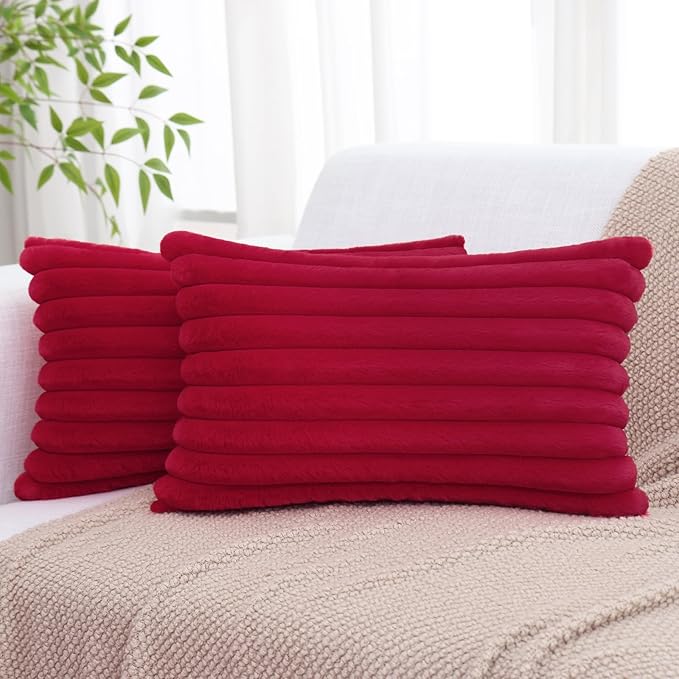 decorUhome Faux Fur Christmas Throw Pillow Covers 12x20 Set of 2, Decorative Soft Plush Striped Lumbar Neutral Couch Euro Pillow Covers with Velvet Back for Sofa, Bed, Living Room Home Decor, Red