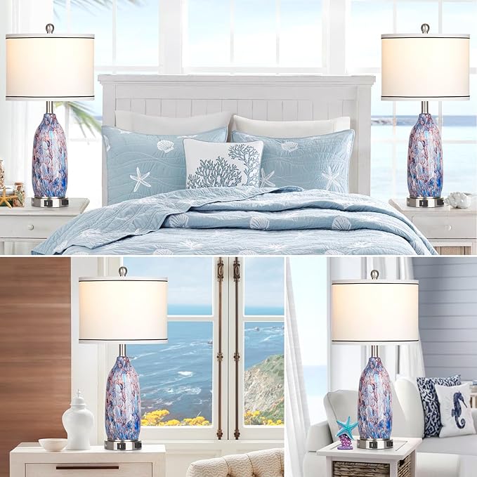 26" Coastal Glass Table Lamps Set of 2,Nautical lamp with USB A+C Ports & AC Outlet,Bule Bedside Lamps with 3-Way Dimmable Touch Control Night Light for Bedroom Living Room(Bulbs Included)
