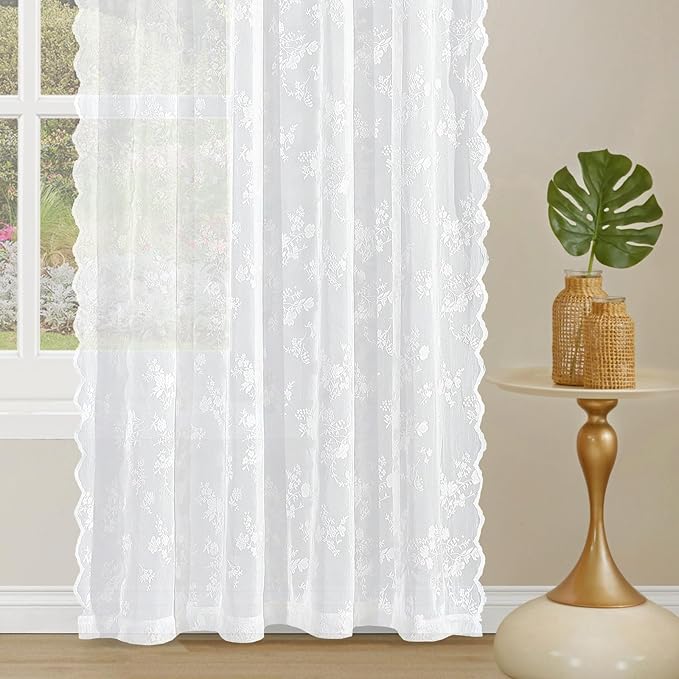 Sheer Lace Curtains 84 Inches Long, Vintage Floral Light Filtering White Lace Curtains for Living Room & Bedroom, Rod Pocket, 2 Panels Set, Tiny Flower Pattern (White, 52" W x 84" L)