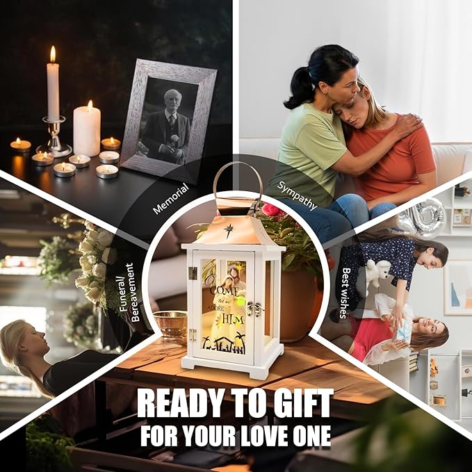 Christmas Candle Lanterns Decorative Indoor- Hanging Candle Lantern with Resin Christmas Nativity Figurine That Light up for Modern Farmhouse Decor, Xmas Lantern for Table Centerpieces, Home Décor