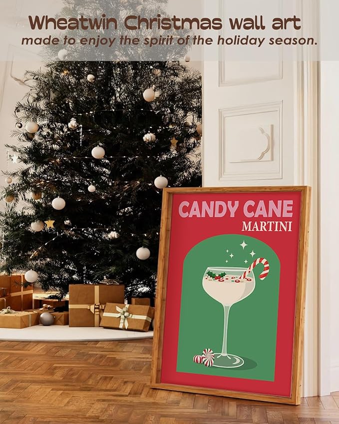 Wheatwin Retro Cocktail Christmas Wall Art Prints Set of 4, Funny Gingerbread Alcoho Wine Glass Print Cute Preppy Posters Aesthetic, Dorm Bar Party Kitchen Decor, 12x16 (Unframed)