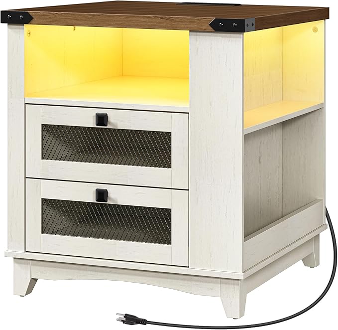 Farmhouse End Table with Charging Station, 24''Large Sofa Side Table with LED Light and 2 Drawers, Square Nightstand with Side Shelves, for Bedroom, Living Room, Office, White and Walnut