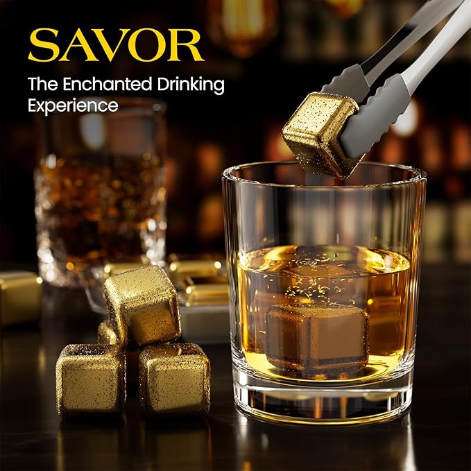 Kollea Whiskey Stones, 8-Pack Golden Stainless Steel Whiskey Chilling Rocks, Reusable Ice Cube for Drinking, Rum Cocktail Drink Accessories, Bartender Kit, House Warming Gifts New Home, Drinking Bar