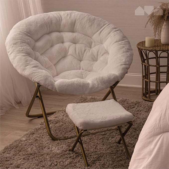 Milliard Cozy Chair/Faux Fur Saucer Chair for Bedroom/X-Large (White + Footrest)