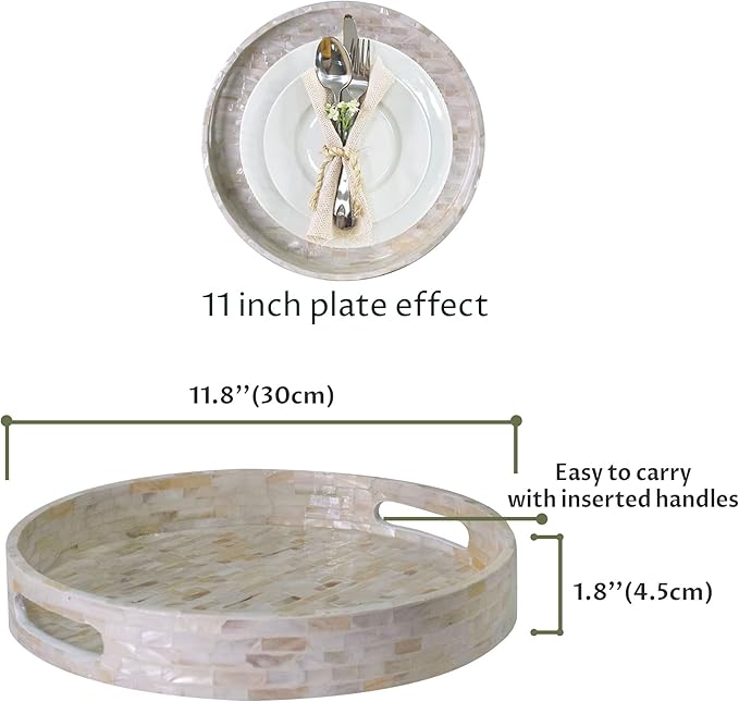 PEMAR 12.6” Mother of Pearl Round Serving Tray with Handles, Decorative Nacred Wooden Ottoman Coffee Table Tray (White Tiles)