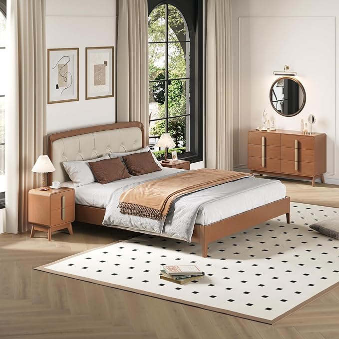 Mid Century Modern Bedroom Set, 6 Drawer Dresser and Nightstand Sets for Bedroom, Night Stand Set 2 & 6 Drawer Dresser with Gold Handles, Wood Chest of Drawers Storage Cabinet Set, Walnut