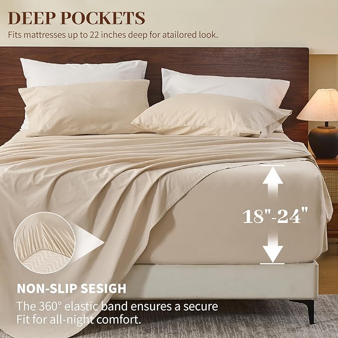 MEISHANG 100% French Pure Linen Sheets Queen Size - 6 PC Extra Deep Pocket Sheet Set, Soft Durable Flax Linen, Anti-Tear Breathable & Oeko-Tex Certified 18-24 Deep Pocket,All Season(Linen)