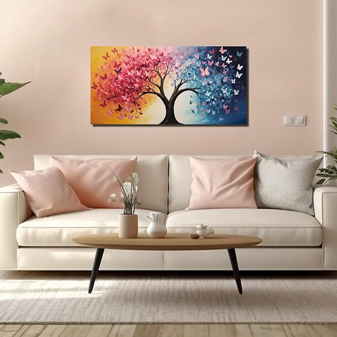 GUGIKA Tree Wall Art for Living Room, Pink Gold and Blue Butterflies Canvas Wall-Decor for Bedroom, Natural Picture Print for Hallway, Size 40x20 Inches